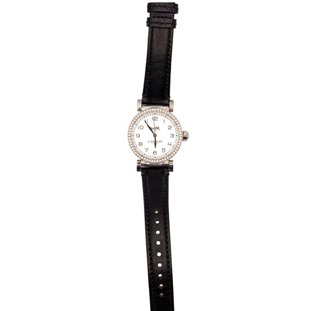 Coach Women's Black Leather Strap Silver Crystal-Accented Watch New Battery